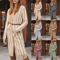 Fashion Long Sleve V-neck Loose Stripe Knit Cardigan