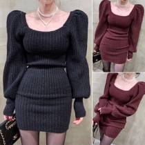 Fashion Puff Sleeve Square Collar Long Sleeve Slim Fit Knit Dress