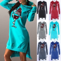 Cute Christmas Pattern Long Sleeve Hooded High-low Hem Sweatshirt Dress