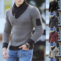 Fashion Contrast Color Long Sleeve Scarf Collar Man's Knit Top