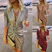 Sexy Deep V-neck Long Sleeve Slim Fit Wrinkled Dress (Size falls big)