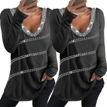 Fashion Rhinestone Spliced V-neck Long Sleeve Rivets Loose T-shirt