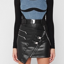 Fashion High Waist Irregular Hem Oblique-zipper Slim Fit PU Leather Skirt