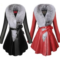 Fashion Detachable Faux Fur Collar Long Sleeve Slim Fit PU Leather Coat