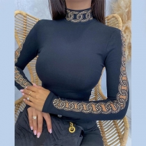 Fashion Hollow Out Ling Sleeve High Collar Rhinestone Spliced Slim Fit Top