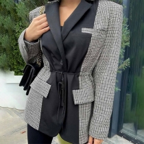 Fashion Contrast Color Plaid Spliced Long Sleeve Blazer Coat