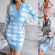 Fashion Long Sleeve V-neck Slim Fit Houndstooth Pattern Knit Dress