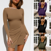 Sexy Backless Irregular Hem Long Sleeve Solid Color Slim Fit Dress