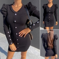 Fashion Puff Sleeve Single-breasted Solid Color Slim Fit Dress