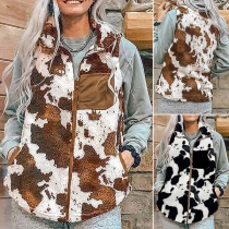 Cute Style Long Sleeve Stand Collar Cow Printing Sleeveless Plush Vest