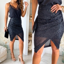 Fashion High Waist Irregular Hem Slim Fit Sequin Skirt