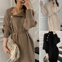 Fashion Solid Color Long Sleeve Turtleneck Oblique Buttons Tie-belt Knit Dress