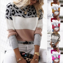Fashion Contrast Color Leopard Spliced Long Sleeve Round Neck Knit Top