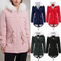 Fashion Faux Fur Spliced Hooded Plush Lining Solid Color Warm Coat