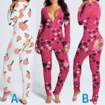 Sexy V-neck Butt Flap Slim Fit Home-wear Printed Jumpsuit One-piece Pajama