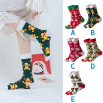 Fashion Contrast Color Christmas Printed Socks -2 Pair/Set