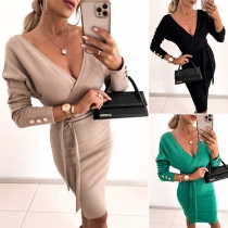 Sexy Deep V-neck Long Sleeve Solid Color Tie-belt Slim Fit Dress
