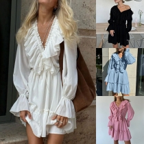 Sweet Style Long Sleeve Lace Spliced V-neck Ruffle Dress