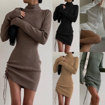 Fashion Solid Color Long Sleeve Turtleneck Side-drawstring Slim Fit Dress
