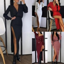 Sexy V-neck Side Slit Hem Long Sleeve High Waist Slim Fit Dress
