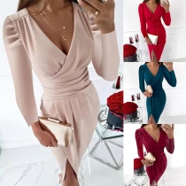 Sexy V-neck Irregular Hem Long Sleeve Solid Color Slim Fit Dress