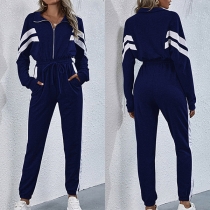 Fashion Contrast Color Stripe Long Sleeve Elastic Waist Sports Jumpsuit