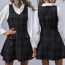 Fashion Sleeveless V-neck Front-pocket High Waist Plaid Dress
