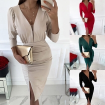 Sexy Deep V-neck Slit Hem Long Sleeve High Waist Slim Fit Party Dress