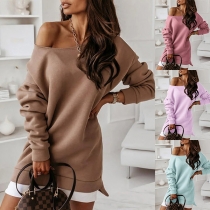 Simple Style Long Sleeve Round Neck Solid Color Sweatshirt Dress