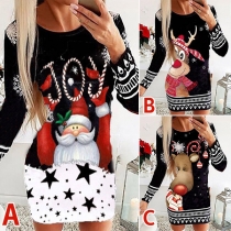 Cute Style Long Sleeve Round Neck Christmas Printed Dress