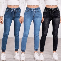 Fashion Drawstring Elastic Highh Waist Slim Fit Jeans