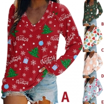 Cute Cartoon Christmas Printed Long Sleeve V-neck Loose T-shirt