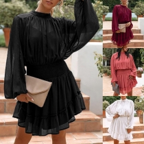 Fashion Lantern Sleeve Mock Neck Elastic Waist Ruffle Hem Solid Color Dress