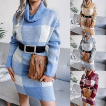 Fashion Long Sleeve Turtleneck Slim Fit Plaid Sweater Dress