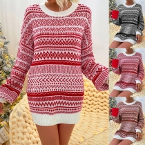 Fashion Long Sleeve Round Neck Loose Printed Knit Sweater Dress