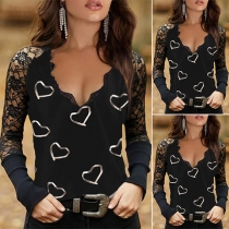 Sexy See-through Lace Spliced Long Sleeve V-neck Heart Printed T-shirt
