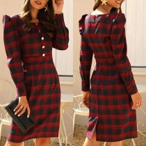 Fashion Puff Sleeve Square Collar High Waist Slim Fit Plaid Dress