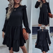 Simple Style Long Sleeve Round Neck Solid Color Loose Ruffle Dress