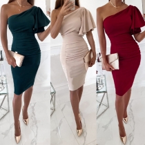 Sexy One-shoulder Lotus Sleeve Solid Color Slim Fit Dress