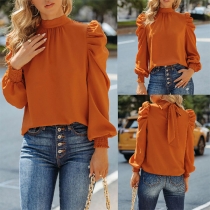 Fashion Solid Color Puff Sleeve Lace-up Mock Neck Loose Top