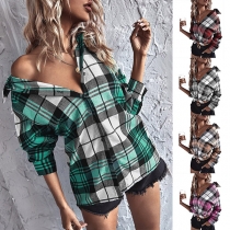 Casual Style Long Sleeve POLO Collar Single-breasted Loose Plaid Shirt