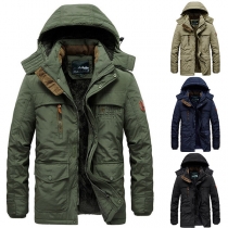 Fashion Solid Color Long Sleeve Hooded Plush Lining Man's Warm Coat