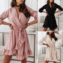 Sexy V-neck Irregular Ruffle Hem Long Sleeve Solid Color Dress