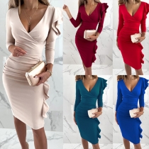 Sexy V-neck Long Sleeve Solid Color Slim Fit Ruffle Dress