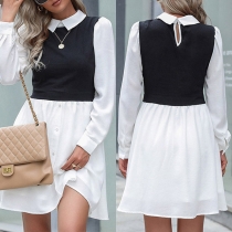 Fashion Contrast Color Long Sleeve POLO Collar Mock Two-piece Shirt Dress