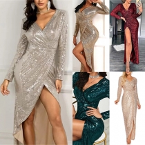 Sexy Deep V-neck Slit Hem High Waist Slim Fit Sequin Party Dress