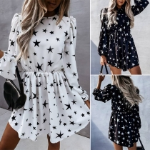 Fashion Long Sleeve Round Neck Gathered Waist Pentagram Printed Dress