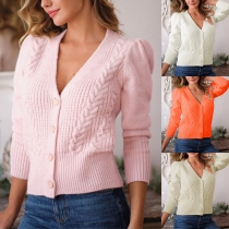 Fashion Solid Color Long Sleeve V-neck Single-breasted Knit Cardigan