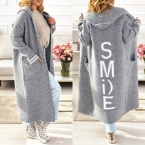 Fashion Dolman Sleeve Hooded Solid Color Letters Printed Cardigan Coat
