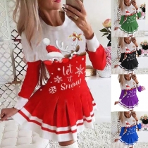 Cute Style Christmas Printed Long Sleeve Round Neck Pleated Hem Dress